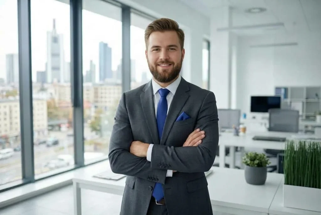 Portret biznesowy uśmiechniętego mężczyzny w garniturze ze skrzyżowanymi rękami w nowoczesnym biurze.